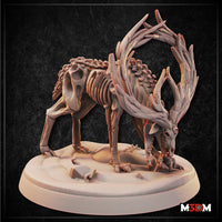 Digital render of the Deer Horror Mid Corruption miniature by Mia Kay M3DM — a corrupted stag with fully exposed ribcage, oversized twisted antlers arching over its back, and clusters of cyst-like growths along its shoulders, head bowed low over a small scattered skeleton on the base
