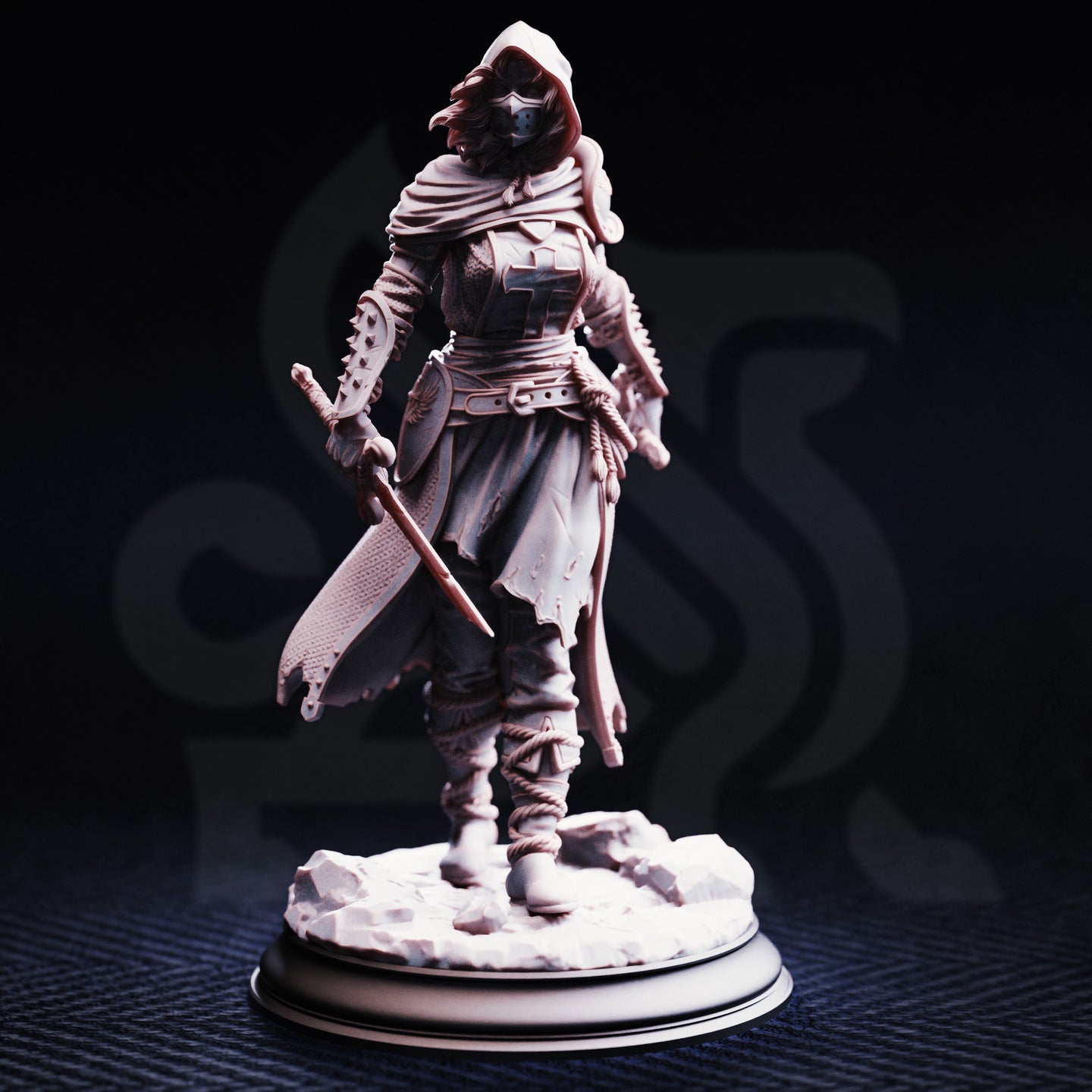 Front three-quarter view of the unpainted grey resin Delyna ro Unviel miniature on a round display base — showing her iron half-mask, deep hood, chainmail hauberk with crusader cross, serrated cleaver, off-hand dagger, and detailed rocky rubble base