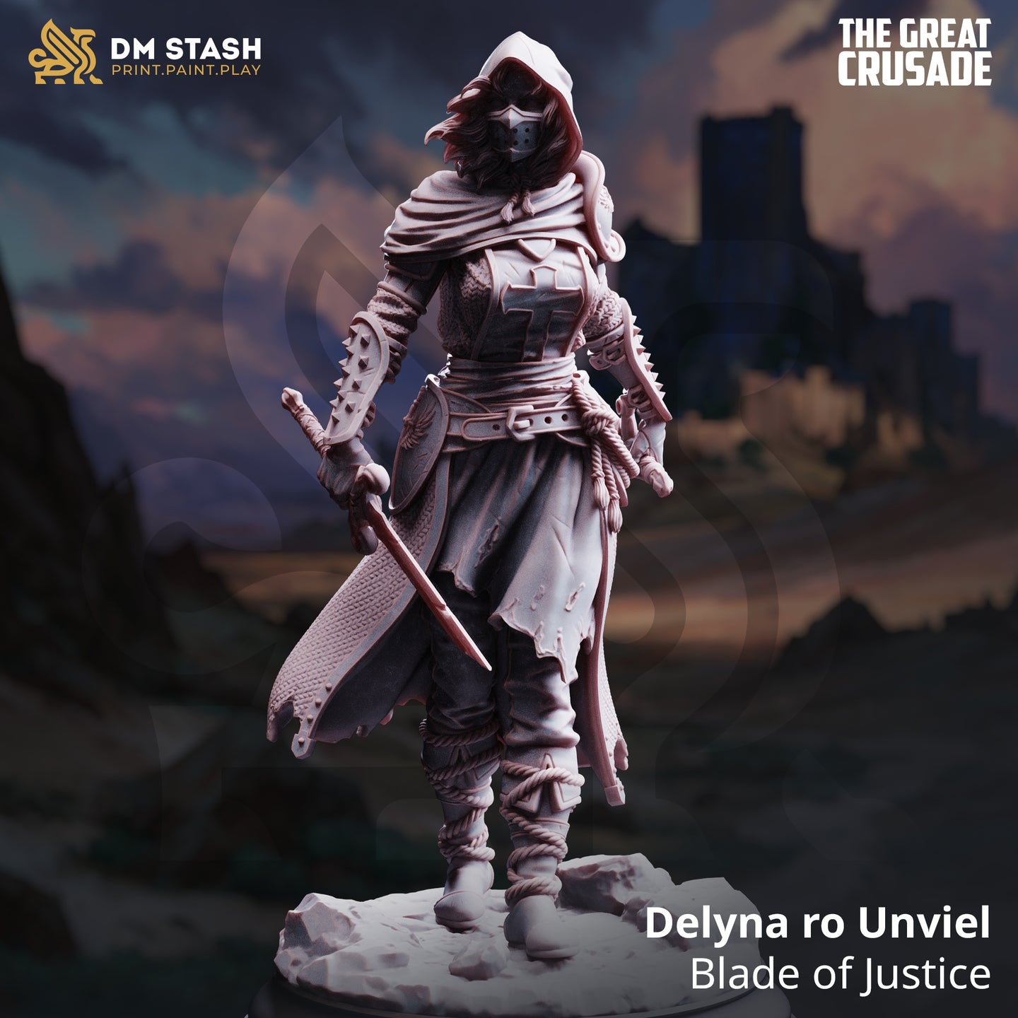 Digital render of Delyna ro Unviel Blade of Justice miniature from DM Stash's The Great Crusade collection — a hooded, masked female rogue in chainmail with a crusader cross on her chest, holding a large serrated cleaver and a dagger, with spiked vambraces and rope-bound legs, set against a dramatic castle backdrop