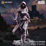 Digital render of Delyna ro Unviel Blade of Justice miniature from DM Stash's The Great Crusade collection — a hooded, masked female rogue in chainmail with a crusader cross on her chest, holding a large serrated cleaver and a dagger, with spiked vambraces and rope-bound legs, set against a dramatic castle backdrop