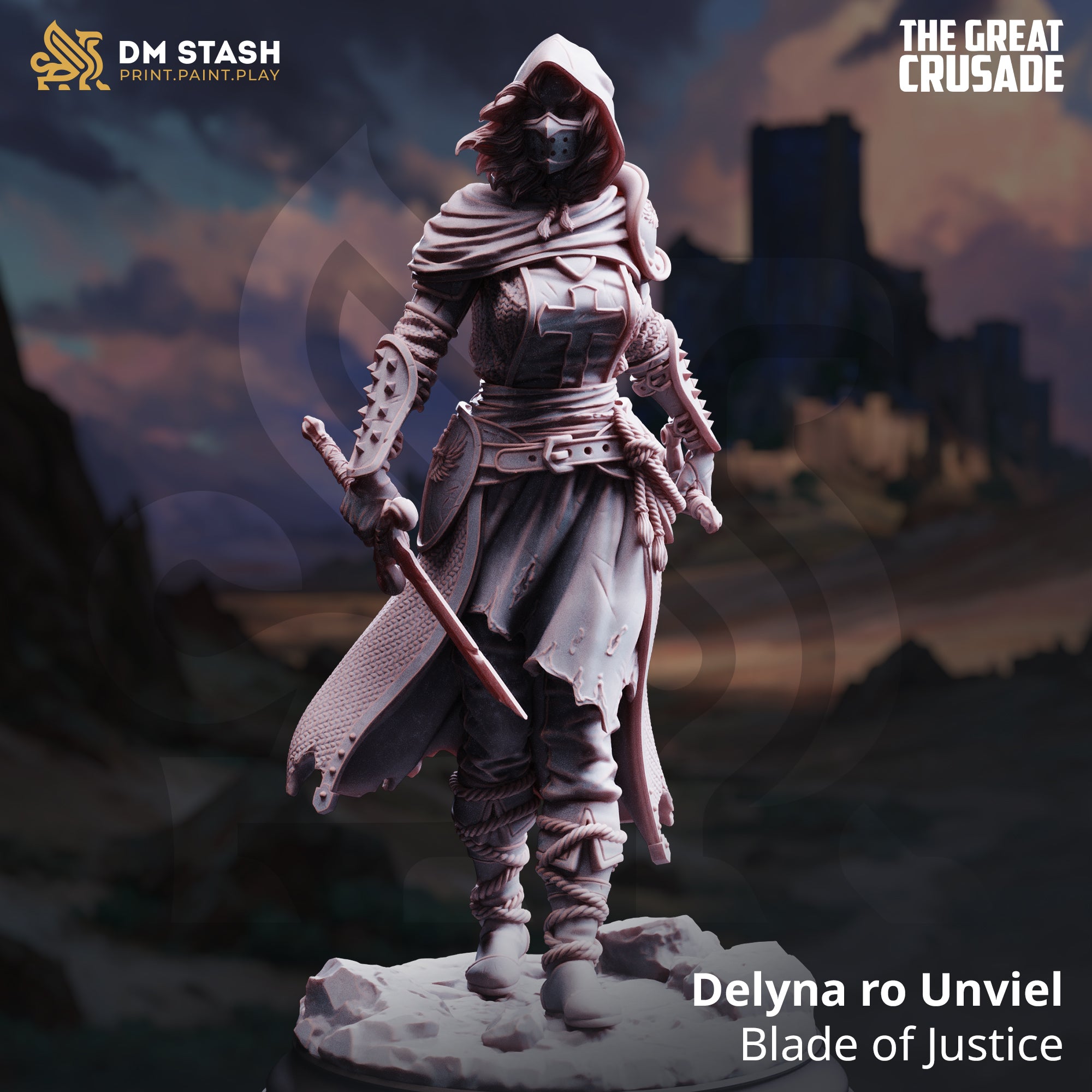 Digital render of Delyna ro Unviel Blade of Justice miniature from DM Stash's The Great Crusade collection — a hooded, masked female rogue in chainmail with a crusader cross on her chest, holding a large serrated cleaver and a dagger, with spiked vambraces and rope-bound legs, set against a dramatic castle backdrop