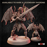 Digital render showing two size variants of the Demon Barbarian miniature — a large version with wings spread wide, gripping a long sword in a two-handed combat stance, and a smaller 32mm scale version posed aggressively with wings raised, both on rocky crystal-scattered bases