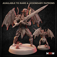 Digital render showing two size variants of the Demon Barbarian miniature — a large version with wings spread wide, gripping a long sword in a two-handed combat stance, and a smaller 32mm scale version posed aggressively with wings raised, both on rocky crystal-scattered bases
