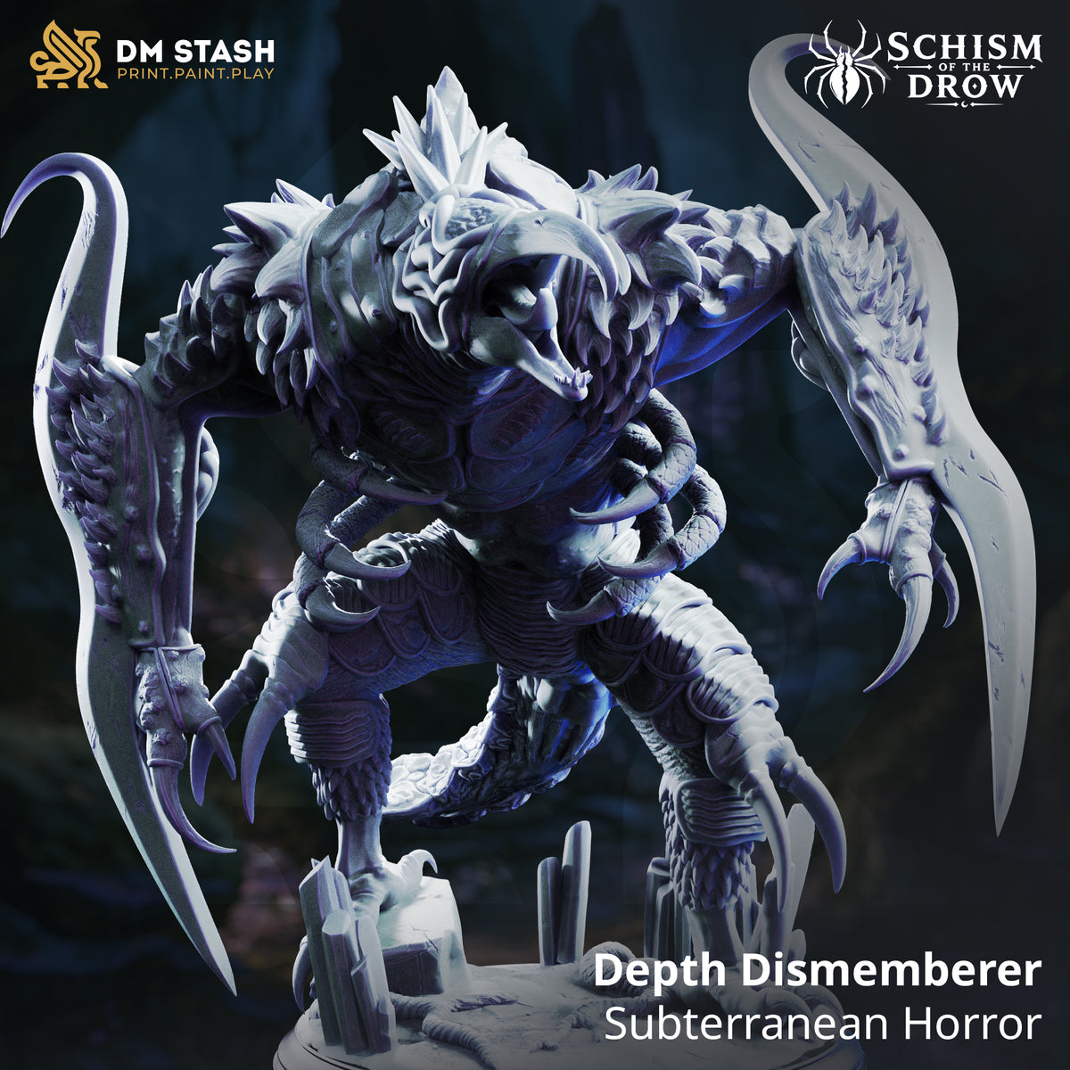 Depth Dismemberer by DM Stash — rear view revealing heavily scaled and plated armoured torso segments, broad carapace back, and two swept blade appendages flanking the body.