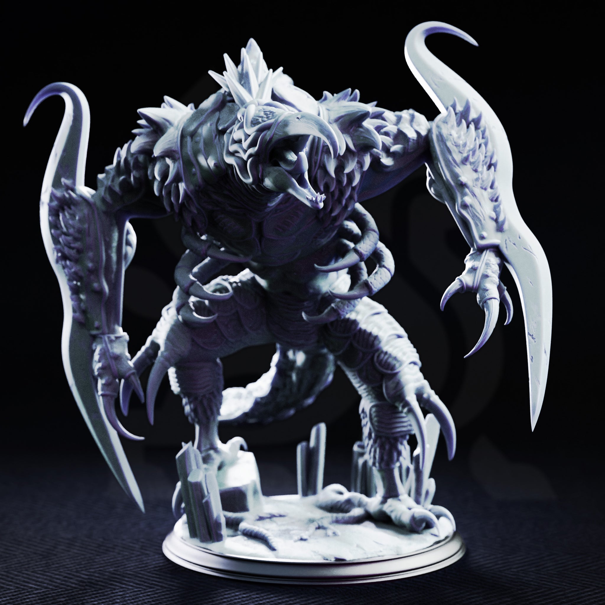 Depth Dismemberer by DM Stash — large multi-limbed arthropod horror with wide blade claws, gaping jaws, and a spined crest, looming over a crystal and rubble base.