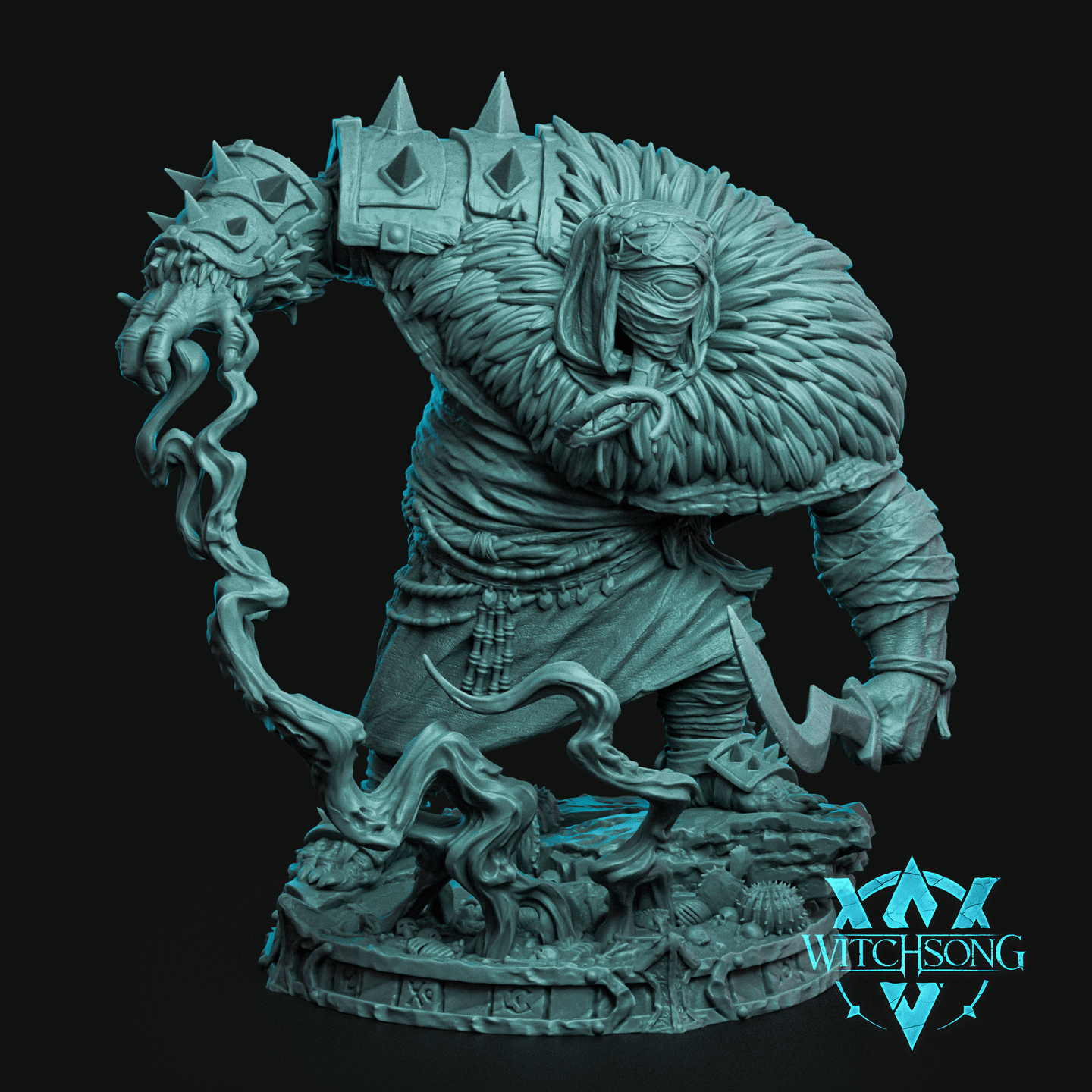 Hulking feather-cloaked creature hunched forward, raising a spiked soul-cage reliquary trailing writhing tendrils in its left hand, cleaver in its right. Hollow-eyed face with lolling tongue, rune-rimmed scenic base. Witchsong Miniatures.