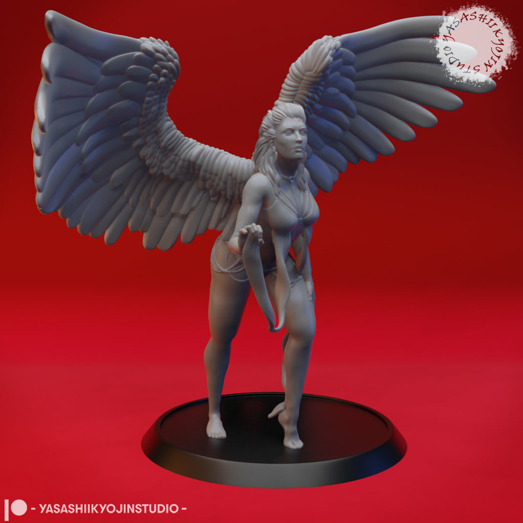 Front-facing digital render of an unpainted Deva miniature with large feathered wings spread wide, holding a short dagger, wearing minimal beaded armour, mounted on a round black base