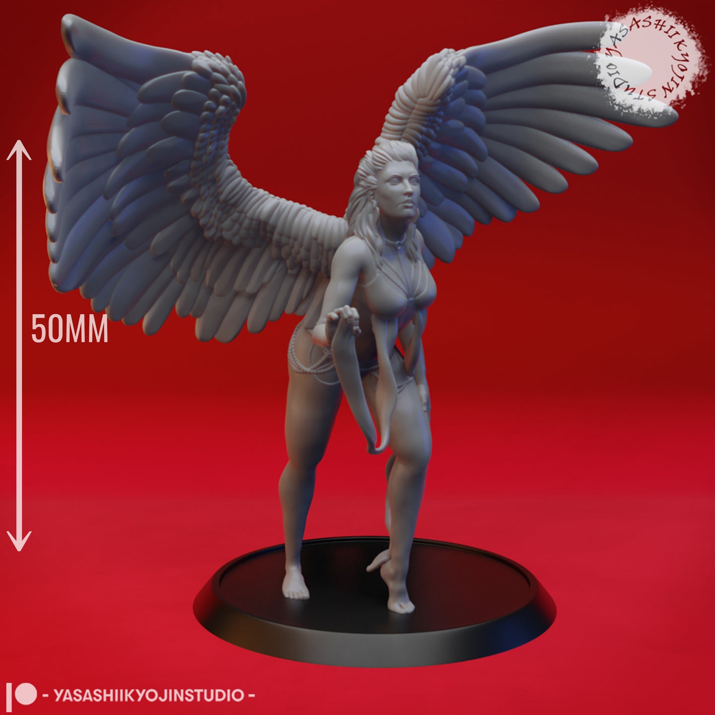 Front-facing digital render of the same unpainted Deva miniature with a 50mm scale indicator shown on the left, wings fully extended and layered with detailed feather sculpting