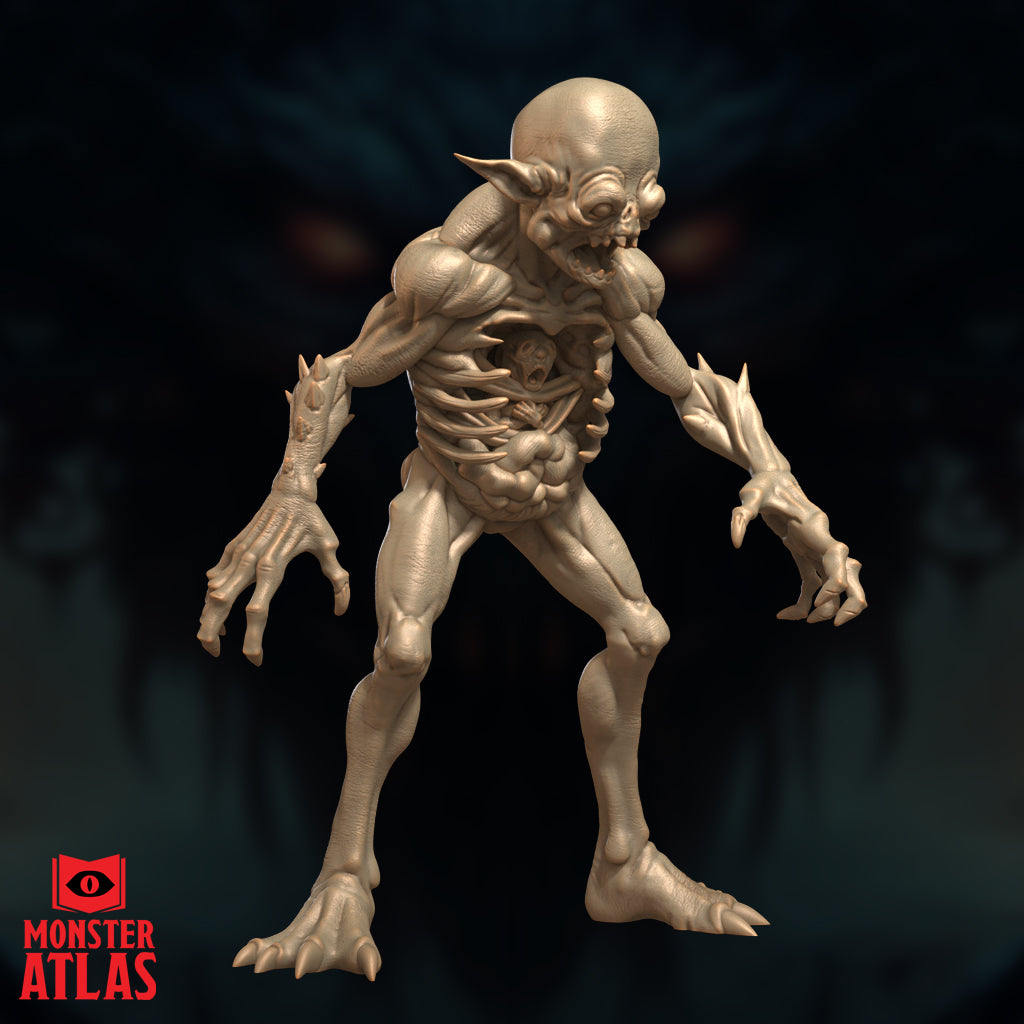 Devourer miniature by Monster Atlas — creature in a forward-leaning predatory stance, one clawed hand raised, bald head with swept-back ears and open mouth, ribs visible with a trapped screaming visage.