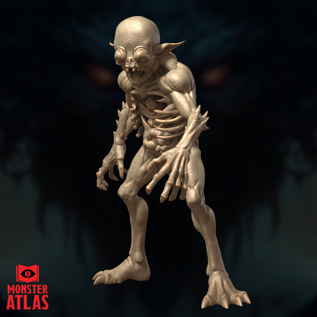 Devourer miniature by Monster Atlas — hunched pose with asymmetric arms, long multi-fingered claws on one side, bony taloned hand on the other, exposed ribcage and bulging abdomen clearly detailed.