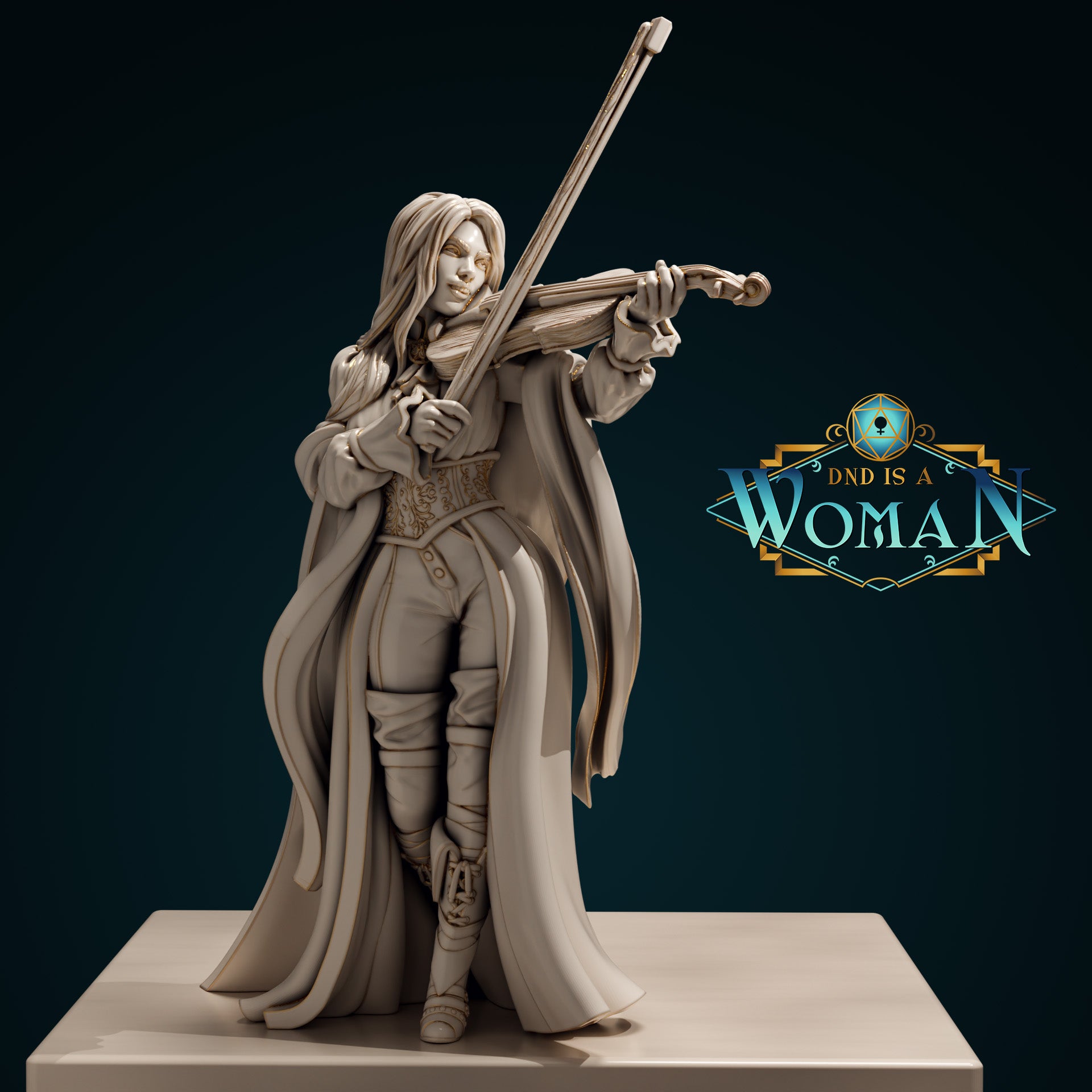 Digital render of Vincentia the Dhampir Bard miniature, front view — female figure in flowing cloak playing a violin, wearing an embroidered corset and tucked trousers with lace-up boots, unpainted resin, 32mm scale, sculpted by DnD is a Woman