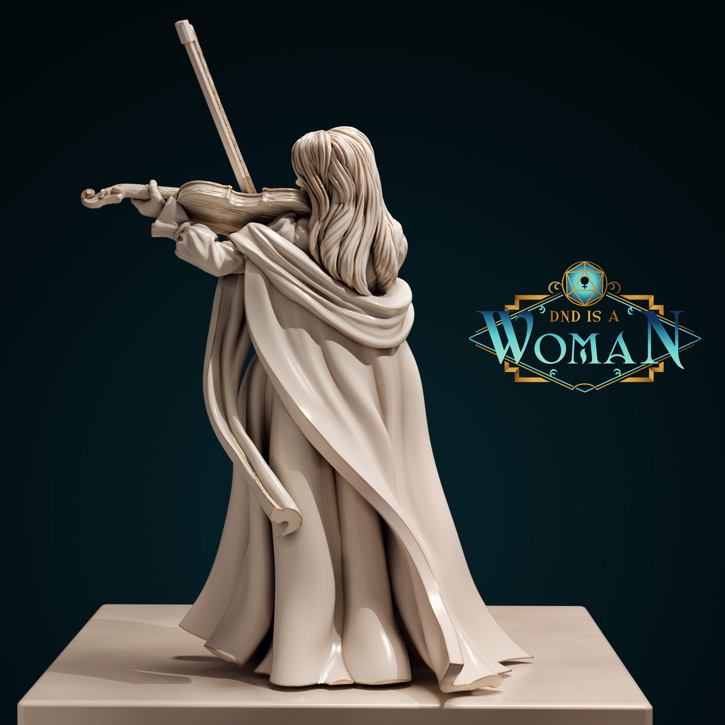 Digital render of Vincentia the Dhampir Bard miniature, rear view — showing dramatic flowing cloak and detailed long hair, violin bow extended, unpainted resin, 32mm scale, sculpted by DnD is a Woman