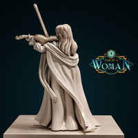 Digital render of Vincentia the Dhampir Bard miniature, rear view — showing dramatic flowing cloak and detailed long hair, violin bow extended, unpainted resin, 32mm scale, sculpted by DnD is a Woman