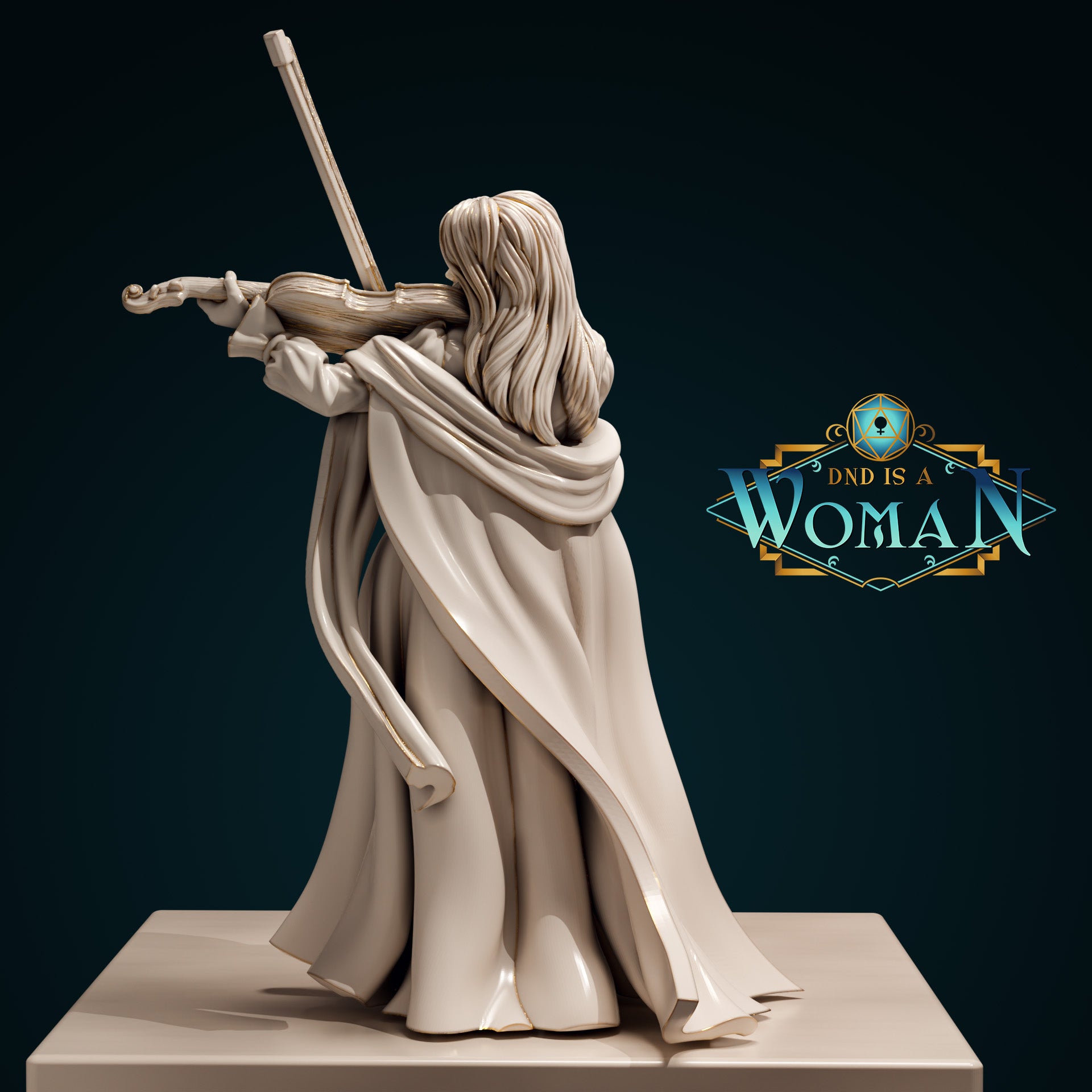 Digital render of Vincentia the Dhampir Bard miniature, rear view — showing dramatic flowing cloak and detailed long hair, violin bow extended, unpainted resin, 32mm scale, sculpted by DnD is a Woman