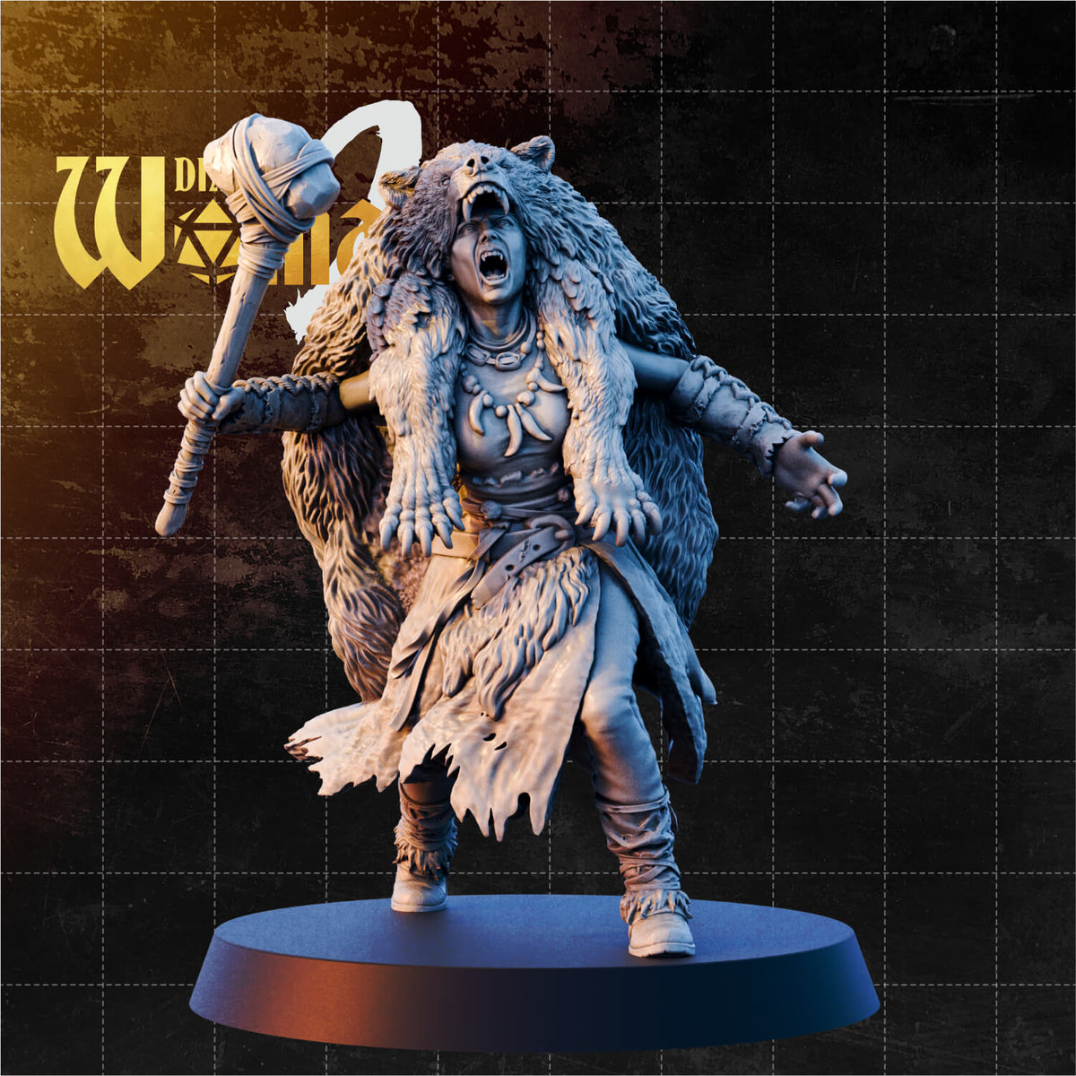 Female dhampir barbarian mid-battle-cry, warhammer raised behind her shoulder, wearing a full bear-pelt cloak with clawed paws and snarling bear-head hood. Sculpt by DnD Is A Woman.