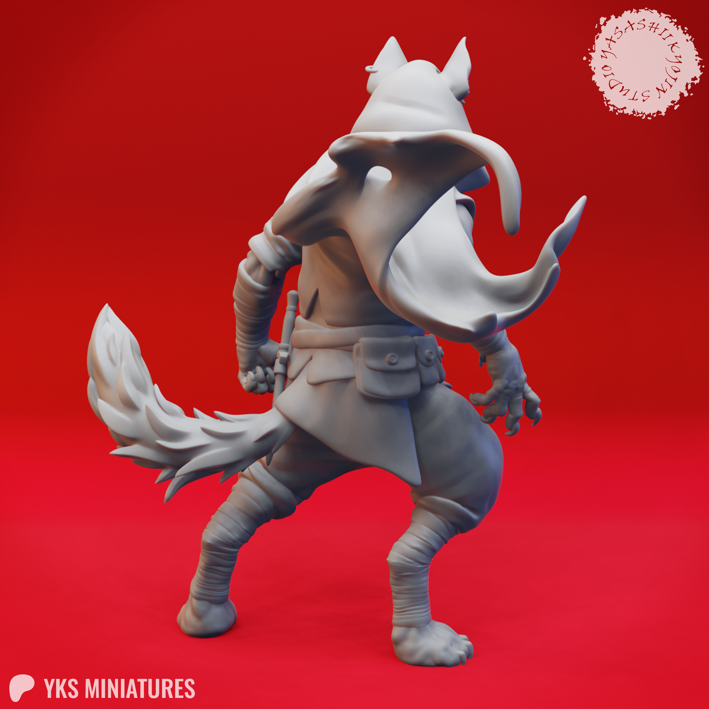 Rear three-quarter view of the same unpainted grey wolf-folk rogue miniature, showing the flowing back of the hood, the full swept tail, the utility belt pouches, and the bandage wrappings on both forearms and lower legs