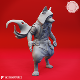 Side three-quarter view of the unpainted grey wolf-folk rogue miniature, highlighting the layered hood blowing to one side, the detailed chest harness with straps, the utility belt with a canteen and multiple pouches, and the raised digitigrade foot mid-stride