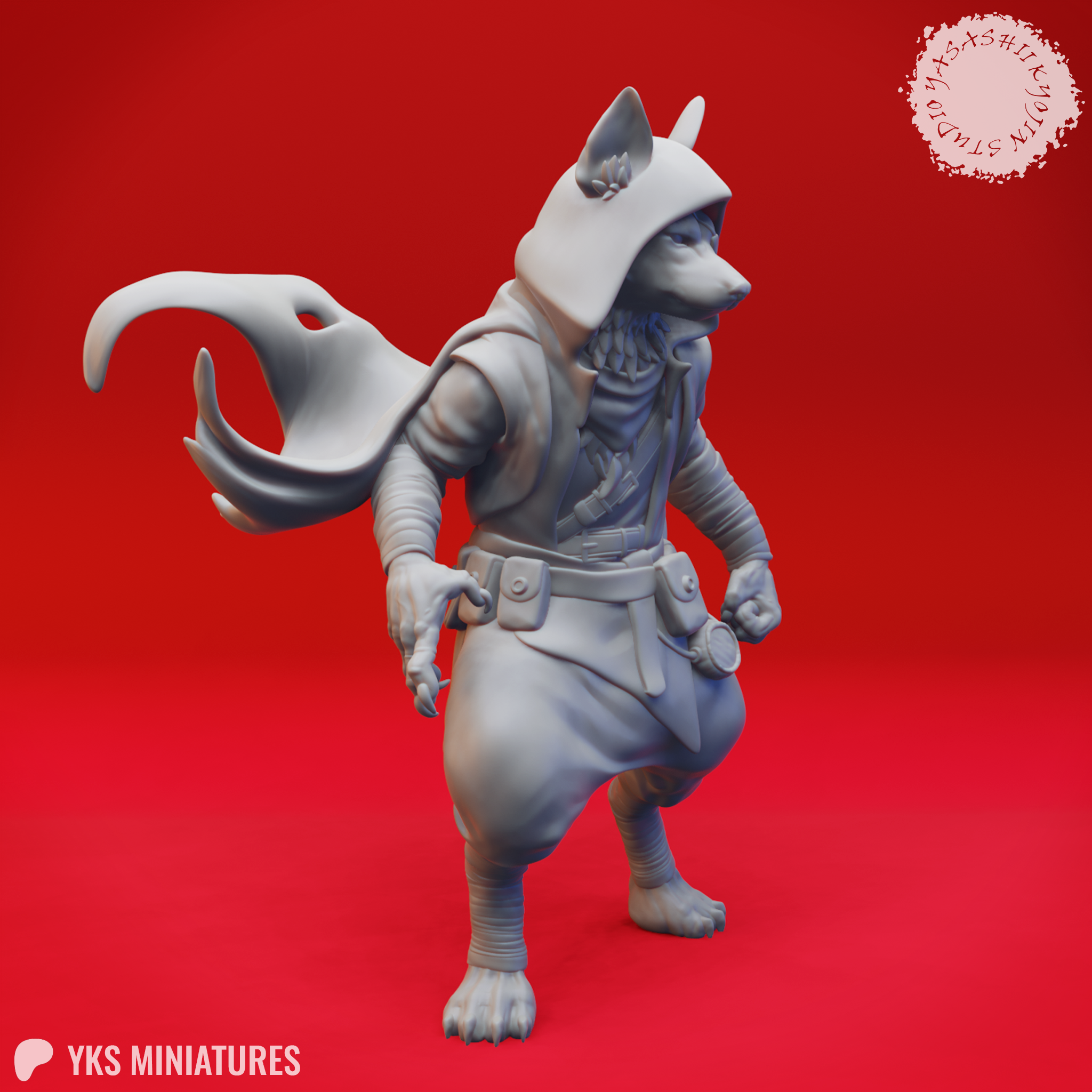 Side three-quarter view of the unpainted grey wolf-folk rogue miniature, highlighting the layered hood blowing to one side, the detailed chest harness with straps, the utility belt with a canteen and multiple pouches, and the raised digitigrade foot mid-stride