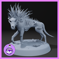 Grey resin digital render of the Dire Wendigo 1 miniature by Ella's Arcanum Minis — an emaciated quadruped creature with a spiked mane of sharp quills along its back, bark-textured hide, bulbous growths on its flanks, a snarling skull-like face, and raised clawed forelimb, posed mid-stalk on a scenic round base with scattered debris, 32mm scale
