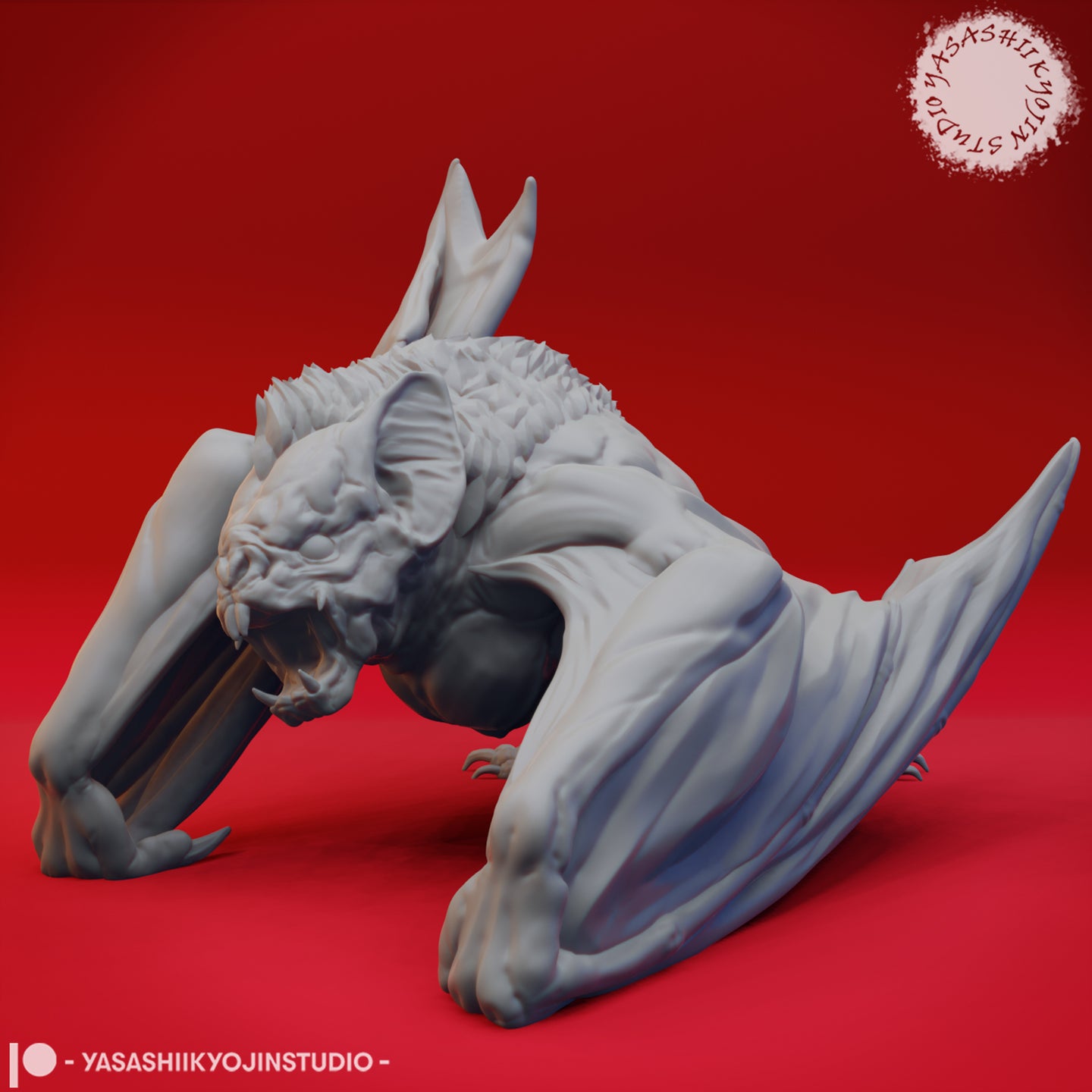 Grey resin digital render of a dire bat miniature in a low crouching pose, wings folded back, jaws open wide showing hooked teeth, from Yasashii Kyojin Studio