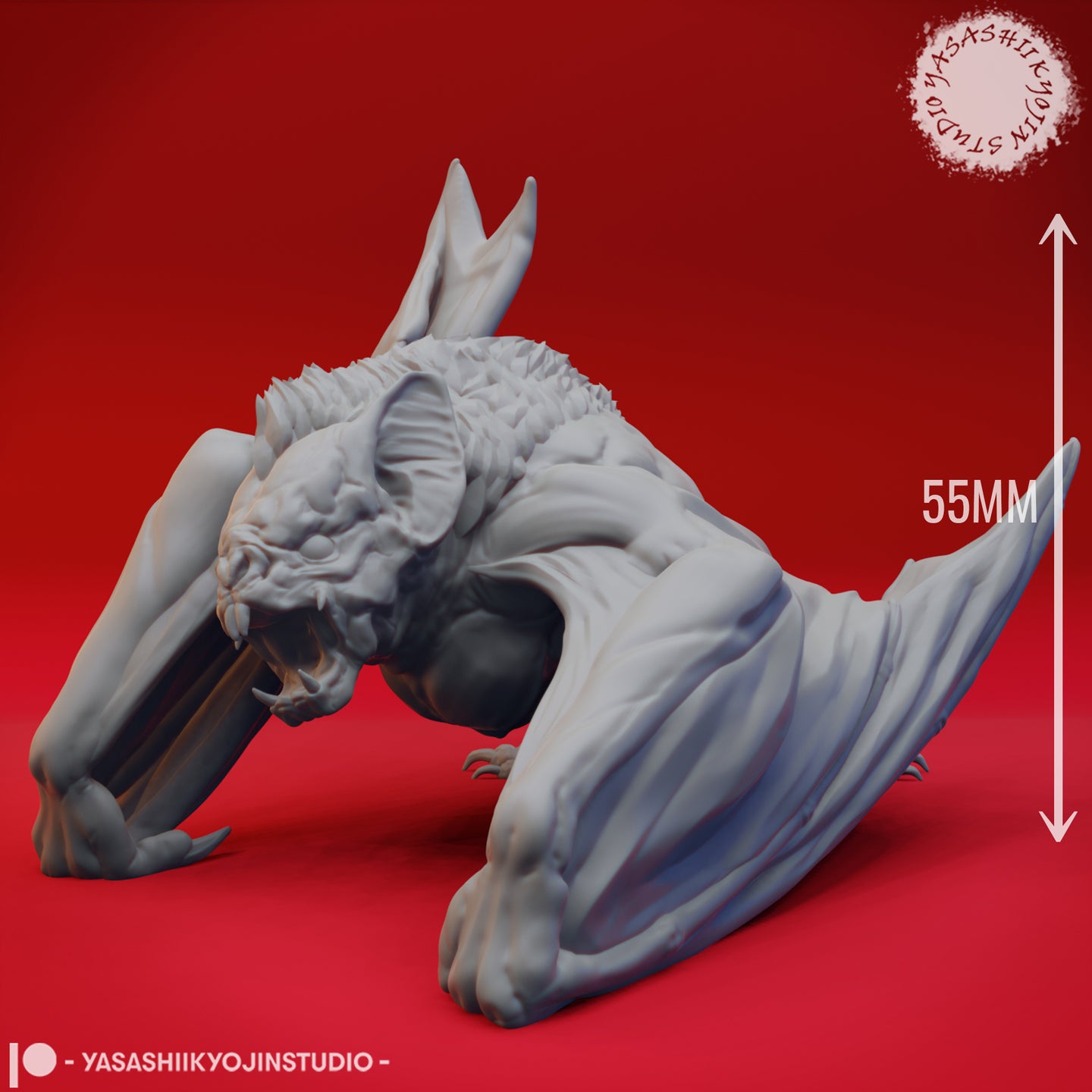 Grey resin digital render of the Yasashii Kyojin Studio dire bat miniature with a 55mm height scale indicator, showing the creature in a wide-legged crouch with membrane wings spread behind a muscular torso