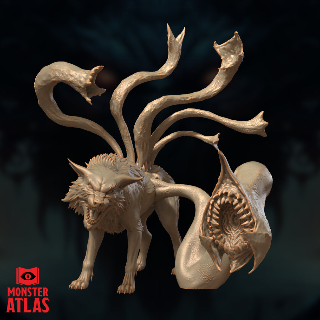Unpainted resin render of the Displacer Fiend miniature by Monster Atlas — front three-quarter view showing the snarling wolf head with bared teeth, six barbed tendrils rising from its back, and a lamprey-mouthed tail coiled to the right with its circular tooth-ringed maw fully open