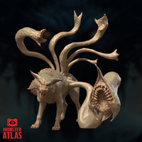 Unpainted resin render of the Displacer Fiend miniature by Monster Atlas — front three-quarter view showing the snarling wolf head with bared teeth, six barbed tendrils rising from its back, and a lamprey-mouthed tail coiled to the right with its circular tooth-ringed maw fully open