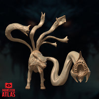 Unpainted resin render of the Displacer Fiend miniature by Monster Atlas — side view showing the full length of the muscular lamprey tail curling away from the wolf body, with the toothed maw visible at the tip and the six dorsal tendrils fanning upward behind the creature