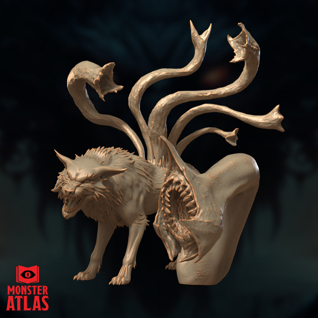 Unpainted resin render of the Displacer Fiend miniature by Monster Atlas — angled rear three-quarter view emphasising the spiked fur along the wolf's spine, the splayed clawed forepaws, and the lamprey tail opening mid-coil with rows of inward-curving teeth visible inside the maw