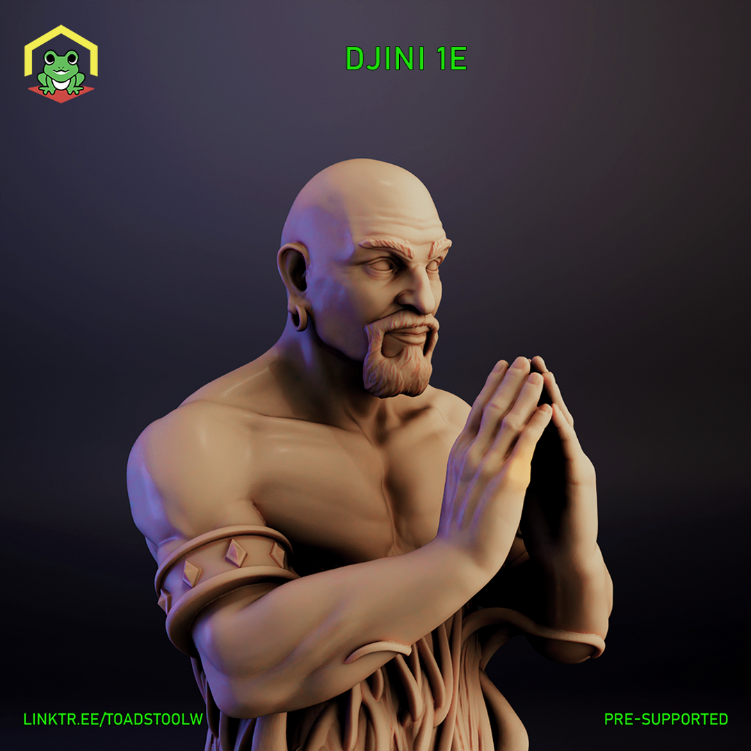 Digital render of the Djinni 1E miniature by The Toadstool Weaver — a muscular, bald, bare-chested male Djinni with a trimmed beard, hands clasped together in a scheming gesture, decorated armband cuffs with diamond motifs, and billowing robes at the waist. Unpainted render in warm clay tones against a dark background.