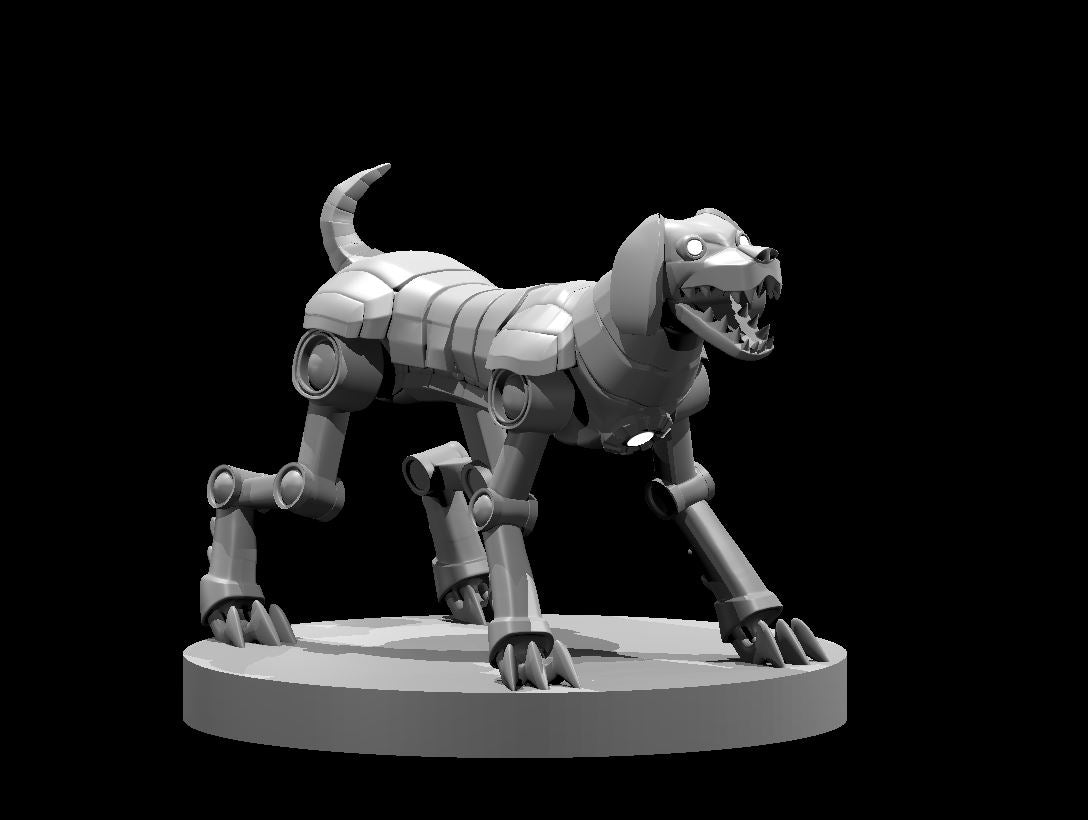 Digital render of the Doggy Steel Defender miniature — an unpainted grey mechanical hound in an aggressive crouching stance, plated armour panels covering its body, articulated leg joints, glowing eyes, open jaws with mechanical teeth, and claws spread wide, mounted on a round base, 32mm scale