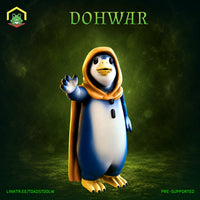 Chubby penguin-like humanoid standing upright, one clawed hand raised open-palmed, wearing a flowing amber hood and cape with button fastenings. Beak slightly open, wide dark eyes. Sculpt by The Toadstool Weaver.