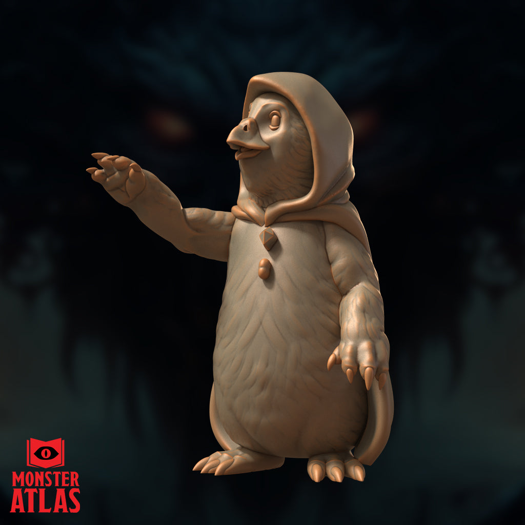 Dohwar Merchant miniature by Monster Atlas — three-quarter side view showing the hooded cloak draped over a barrel-shaped feathered body, one arm extended outward with clawed fingers spread, beak open in expression. Sculpt by Monster Atlas.
