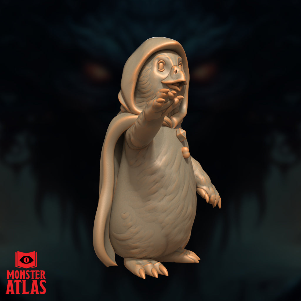 Dohwar Merchant miniature by Monster Atlas — close view of the raised clawed hand held near the open beak, deep hood framing wide round eyes, heavy fabric folds across the chest with gemstone and button details. Sculpt by Monster Atlas.
