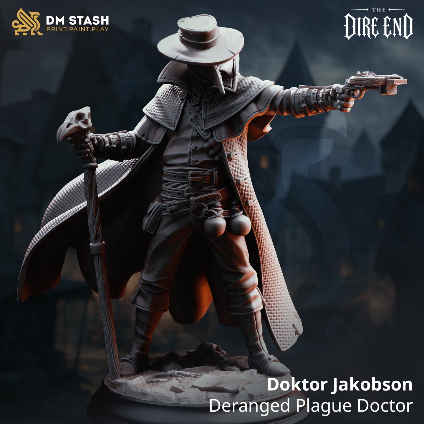 Rear view of Doktor Jakobson by DM Stash — dramatically swept wax-cloth cape with fine textile weave texture, leather-clad arms extended with staff and pistol visible at sides, rubble base detail.