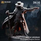 Rear view of Doktor Jakobson by DM Stash — dramatically swept wax-cloth cape with fine textile weave texture, leather-clad arms extended with staff and pistol visible at sides, rubble base detail.