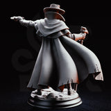 Doktor Jakobson plague doctor miniature by DM Stash — beaked mask, wide-brimmed hat, skull-topped staff in left hand, flintlock pistol aimed in right, layered wax coat, rubble base.