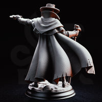 Doktor Jakobson plague doctor miniature by DM Stash — beaked mask, wide-brimmed hat, skull-topped staff in left hand, flintlock pistol aimed in right, layered wax coat, rubble base.