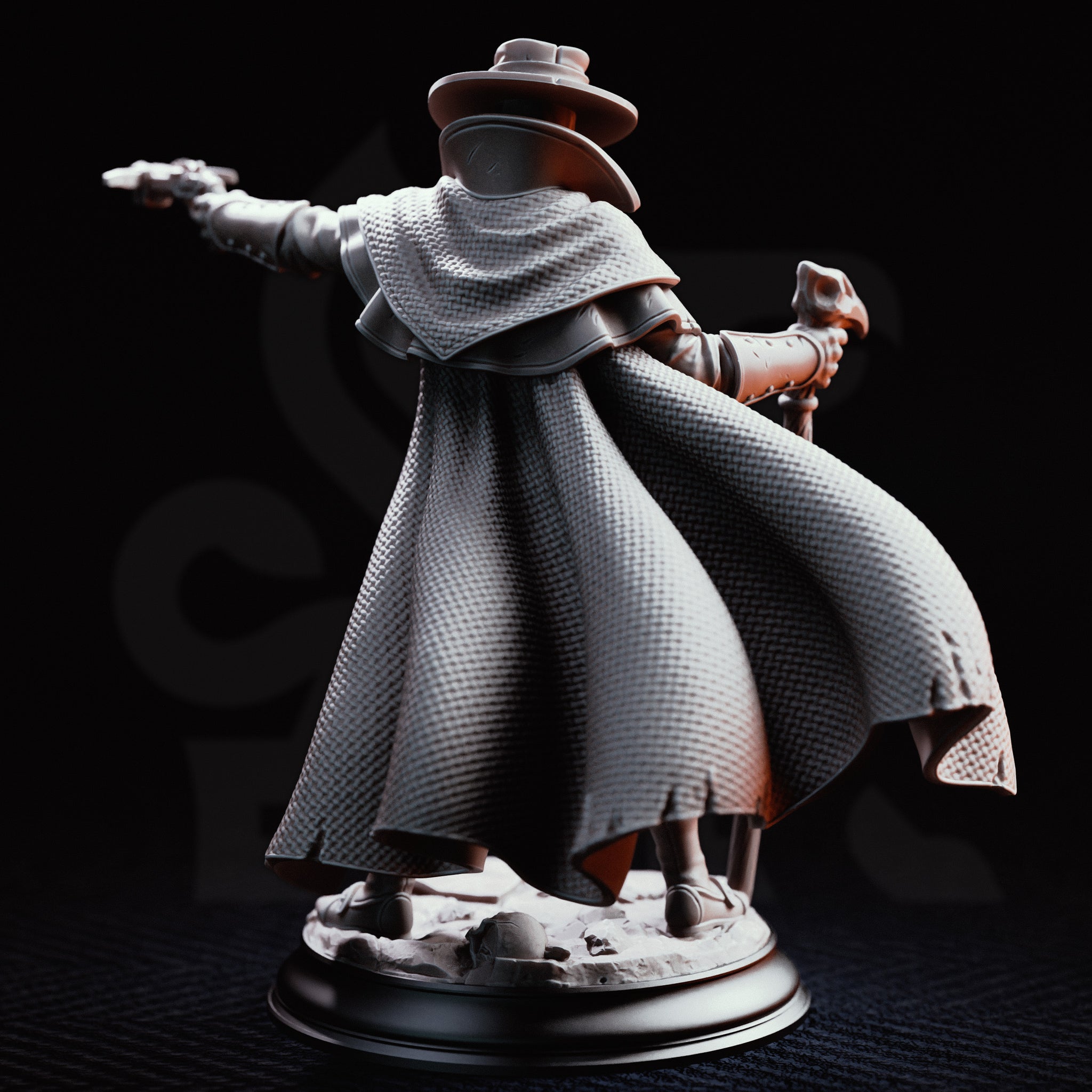 Doktor Jakobson plague doctor miniature by DM Stash — beaked mask, wide-brimmed hat, skull-topped staff in left hand, flintlock pistol aimed in right, layered wax coat, rubble base.