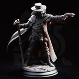 Doktor Jakobson miniature by DM Stash — full figure showing beak mask, multi-buckled leather coat, skull staff, extended pistol arm, and detailed bone-scattered scenic base against dark backdrop.