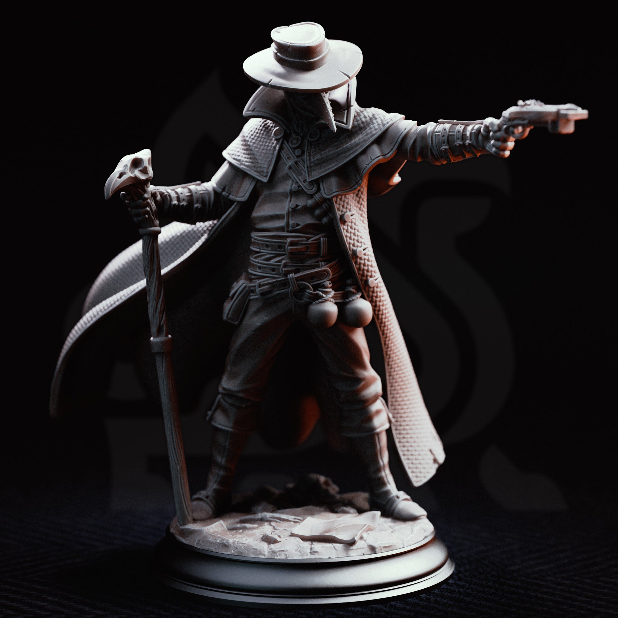 Doktor Jakobson miniature by DM Stash — full figure showing beak mask, multi-buckled leather coat, skull staff, extended pistol arm, and detailed bone-scattered scenic base against dark backdrop.