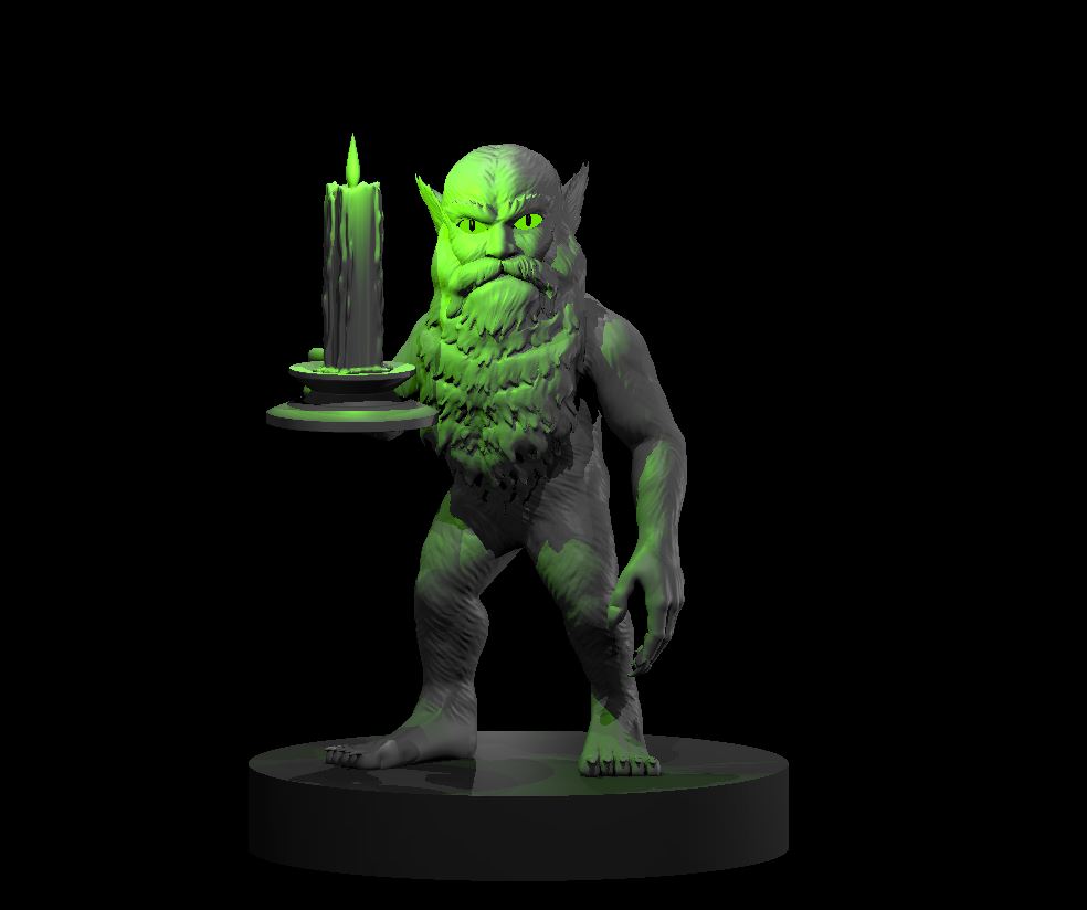 Digital render of the Domovoy miniature by MZ4250 — a small, shaggy, pointed-eared spirit standing upright on a round base, holding a dripping candle on a dish in one hand, with a thick beard and a wary expression, shown in green resin render against a black background