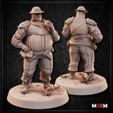Digital render of the Donut City Guard miniature showing front and rear views — a heavyset male guard in padded armour with pauldrons, a bowl helm, and a satchel strap across his back, standing with one hand on his hip and the other raised to his chest, mounted on a scenic base with small plants