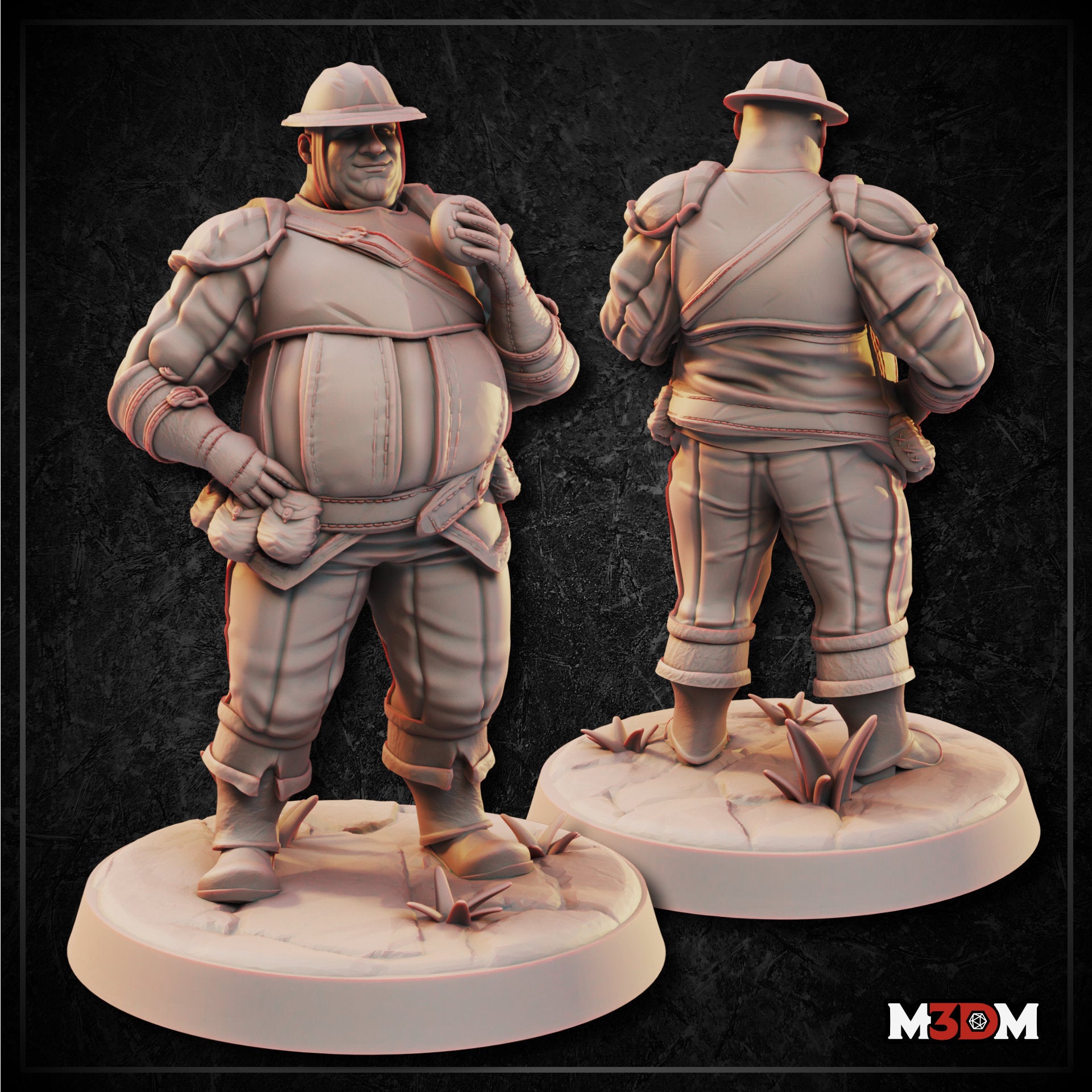 Digital render of the Donut City Guard miniature showing front and rear views — a heavyset male guard in padded armour with pauldrons, a bowl helm, and a satchel strap across his back, standing with one hand on his hip and the other raised to his chest, mounted on a scenic base with small plants
