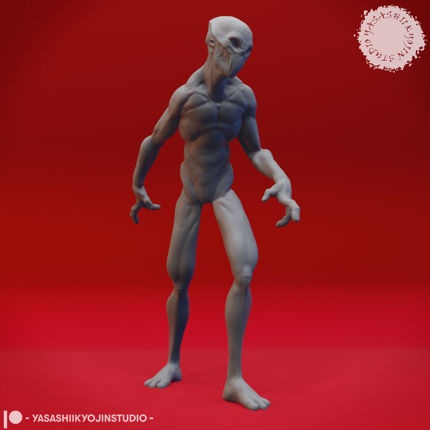 Digital render of an unpainted grey doppelganger miniature in upright confrontational pose, arms slightly raised with clawed fingers spread, featureless face with sunken eyes, 32mm scale, by Yasashii Kyojin Studio