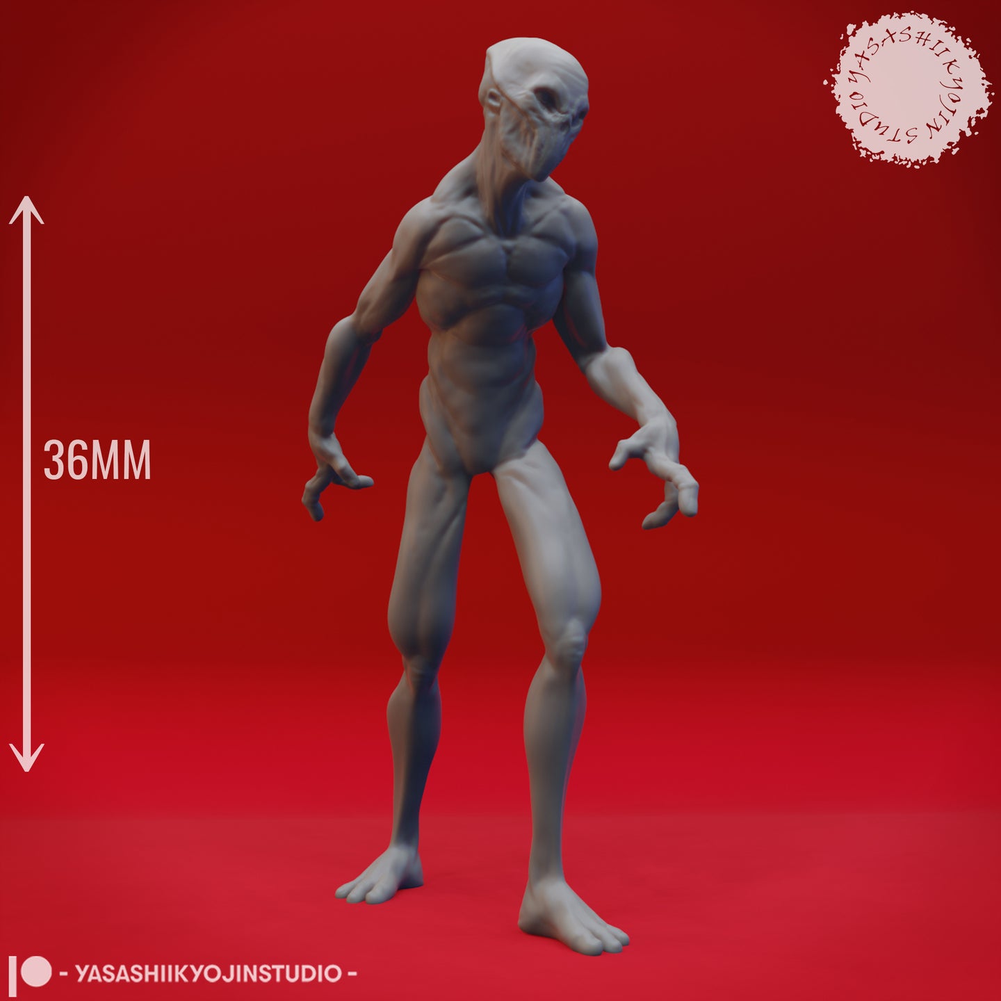 Digital render of unpainted grey doppelganger miniature with 36mm height reference arrow, upright pose with clawed hands outstretched, smooth featureless head, lean muscular humanoid body, by Yasashii Kyojin Studio