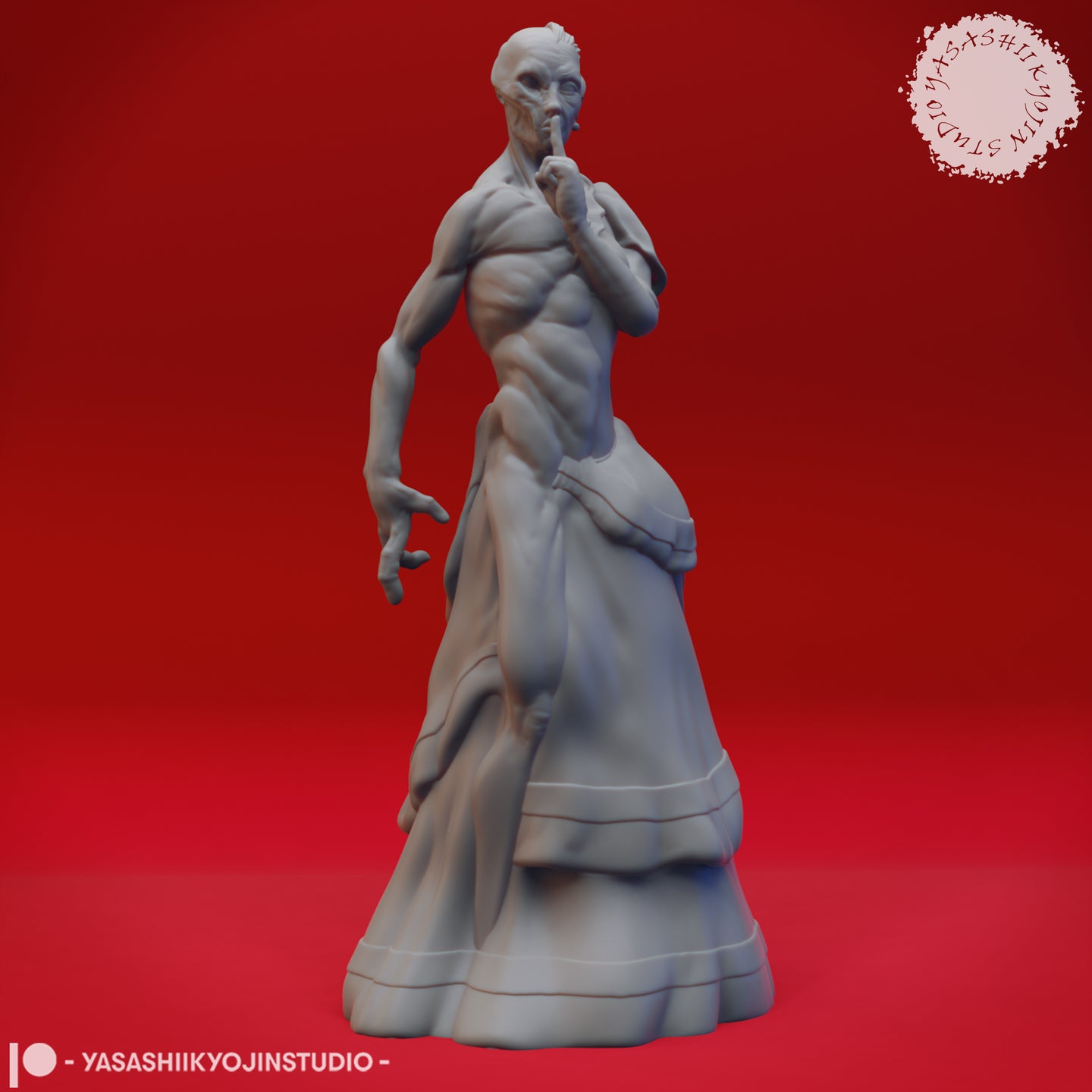 Front view of an unpainted grey resin doppelganger miniature from Yasashii Kyojin Studio — a gaunt, grey-skinned figure with a bare muscular torso and hollow eyes, wearing a layered Victorian-style gown, one elongated finger raised to its lips in a silencing gesture