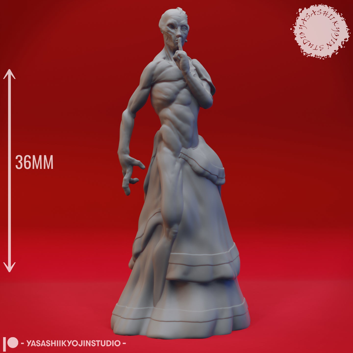 Front view of the same unpainted doppelganger miniature with a 36mm scale indicator showing the full height of the sculpt — gaunt torso, Victorian gown, and one finger pressed to lips visible clearly
