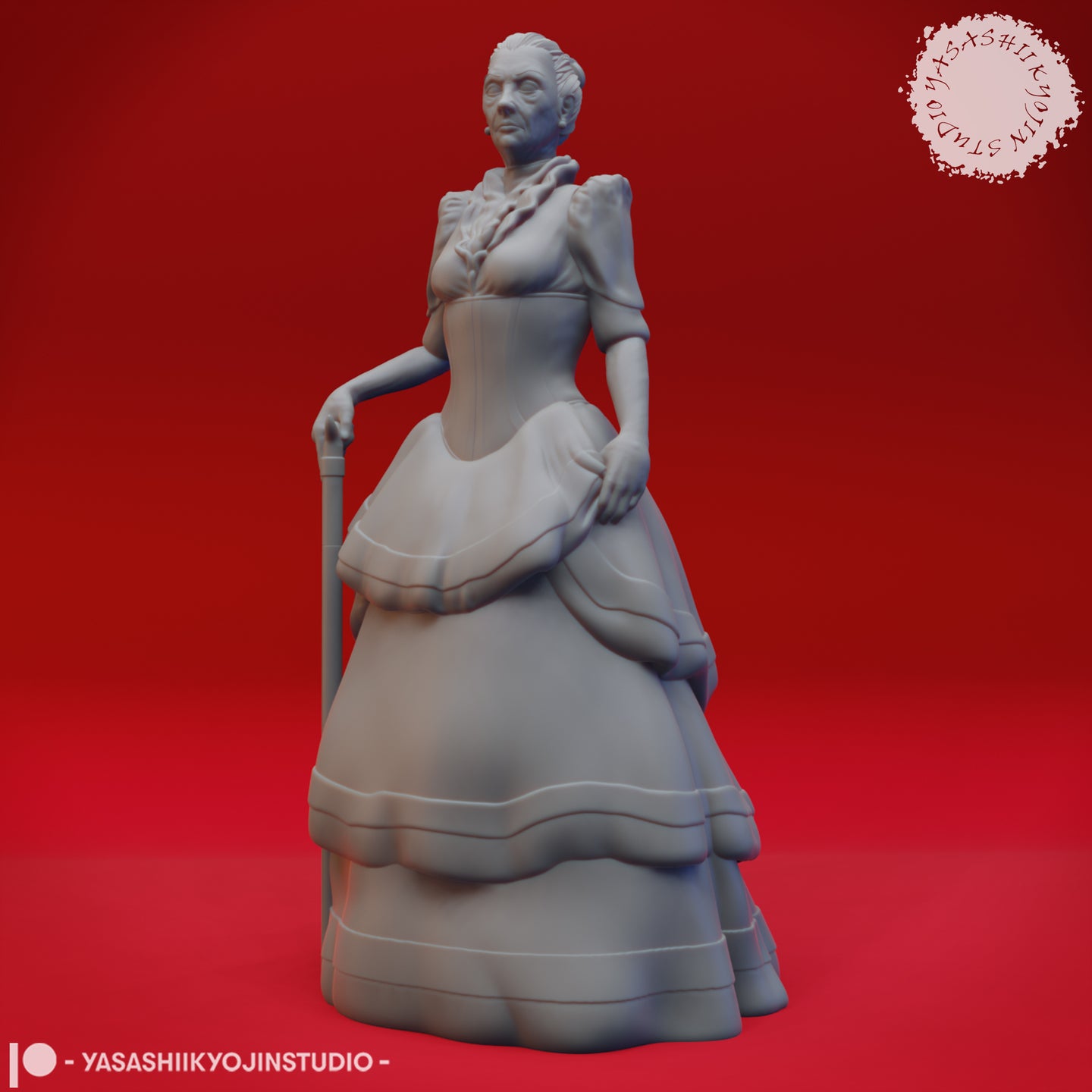 Front view of an unpainted grey resin digital render of Doppelganger 03 miniature — an elderly woman in a tiered Victorian ballgown with a structured corset, holding a walking cane, her expression watchful and composed. Sculpted by Yasashii Kyojin Studios.