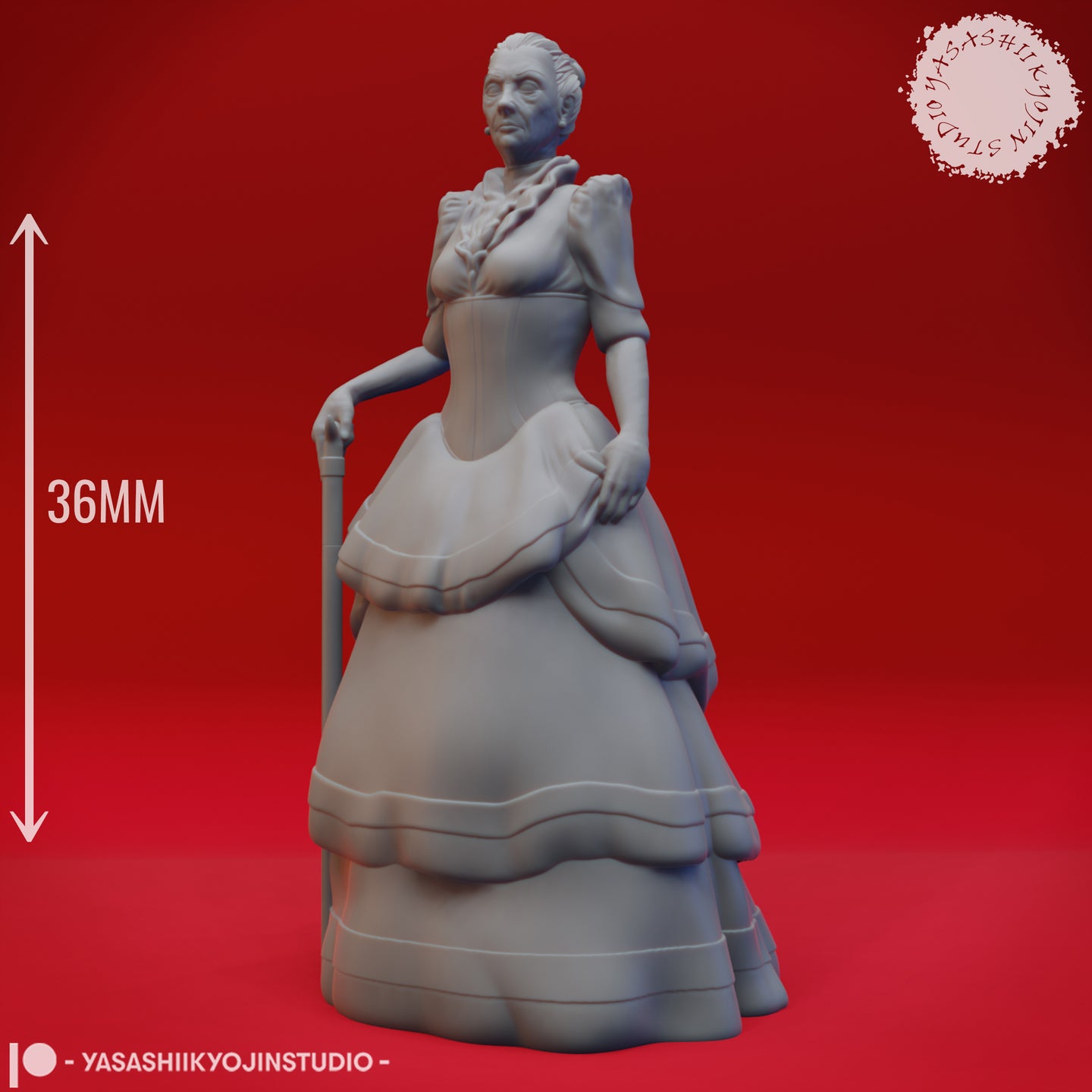 Front view of the same unpainted grey resin Doppelganger 03 render with a 36mm scale indicator shown alongside the figure, confirming her height. Victorian gown, cane, and composed posture clearly visible.